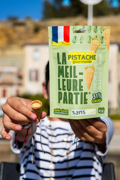 Sachet de mini cônes au chocolat blanc pistache 31 % de cacao