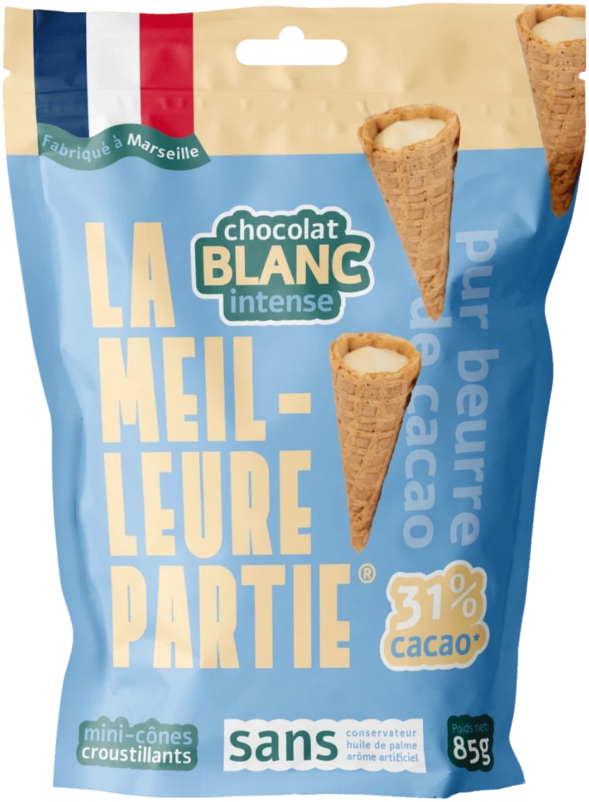 Sachet de mini cônes au chocolat blanc 31 % La Meilleure Partie, 85 g