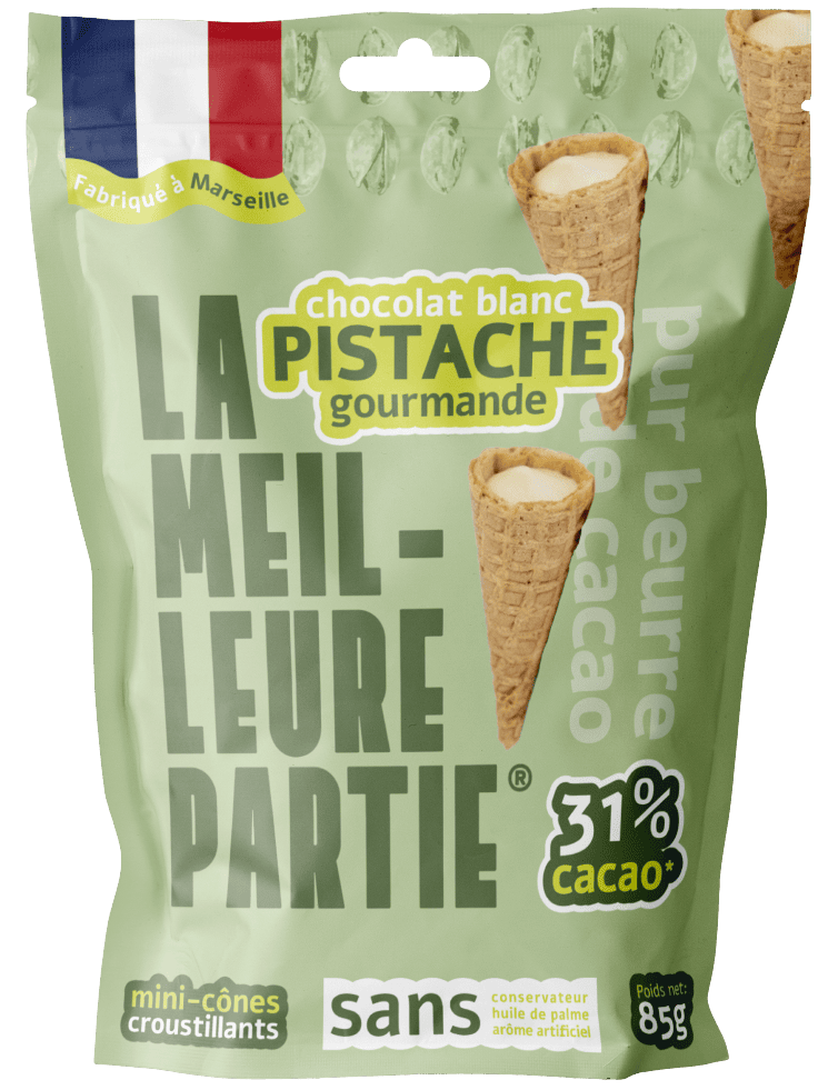 Sachet de mini cônes au chocolat blanc pistache 31 % La Meilleure Partie, 85 g