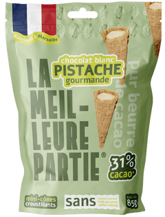 Sachet de mini cônes au chocolat blanc pistache 31 % La Meilleure Partie, 85 g